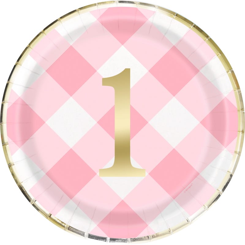 Pink Gingham 1st Birthday Girl Large Paper Plates (Pack of 8)