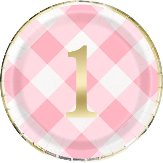 Pink Gingham 1st Birthday Girl Large Paper Plates (Pack of 8)