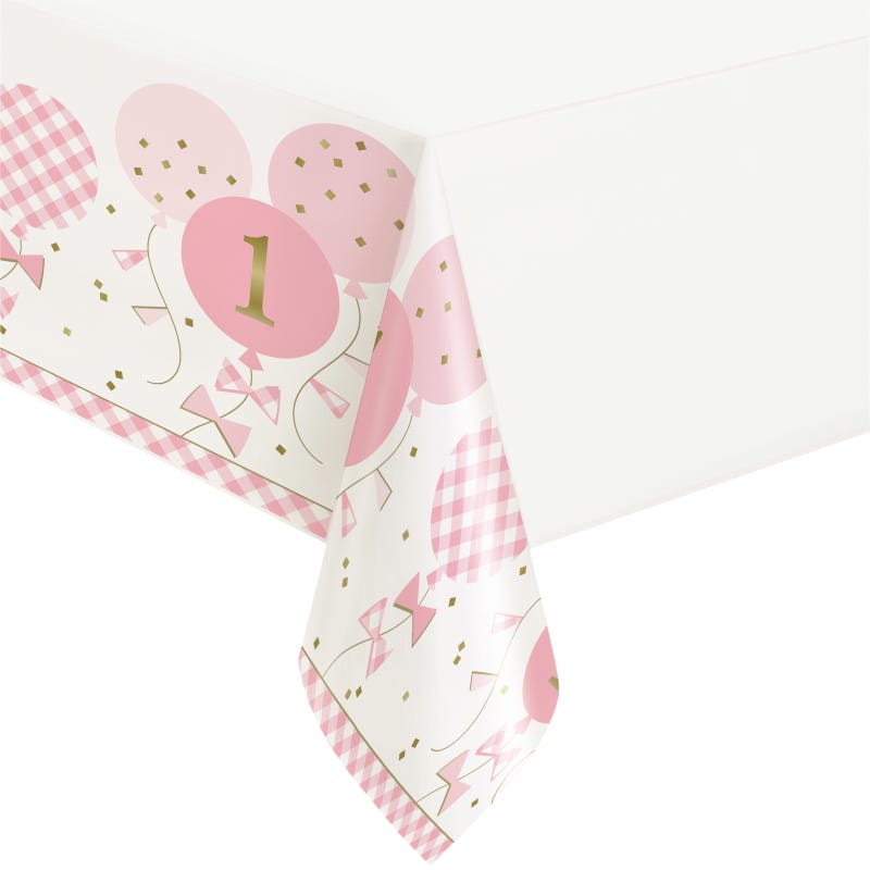 Pink Gingham 1st Birthday Girl Plastic Tablecloth