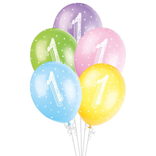 1st Birthday Assorted Coloured Balloons (Pack of 5)