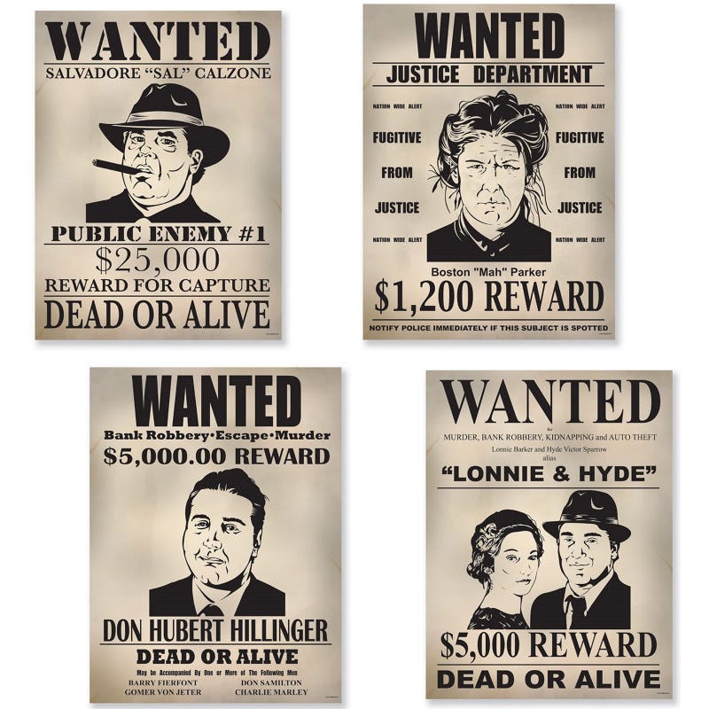 Gangster Wanted Sign Cutouts (Pack of 4)