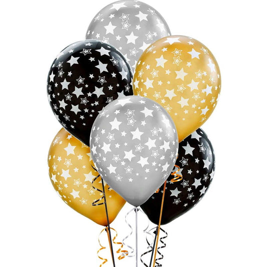 Black Gold and Silver Printed Star Balloons (Pack of 10)