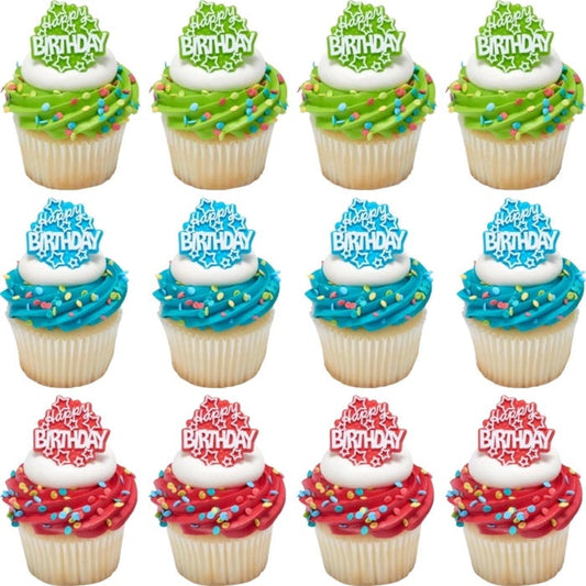 Happy Birthday Star Cupcake Rings (Pack of 12)