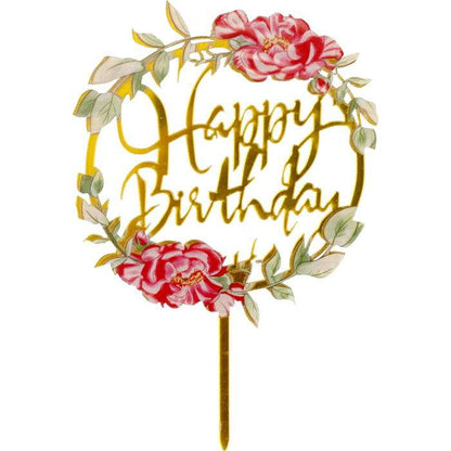 Vintage Floral Gold Happy Birthday Cake Topper