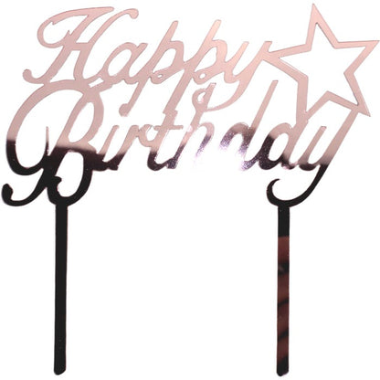 Happy Birthday Pink Rose Gold Star Cake Topper