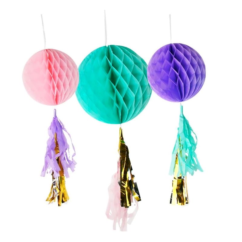 Pastel Light Pink, Purple & Teal Puff Balls With Gold Tassels