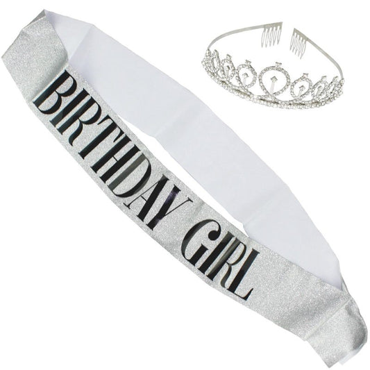 Silver Tiara & Birthday Girl Glitter Sash Set