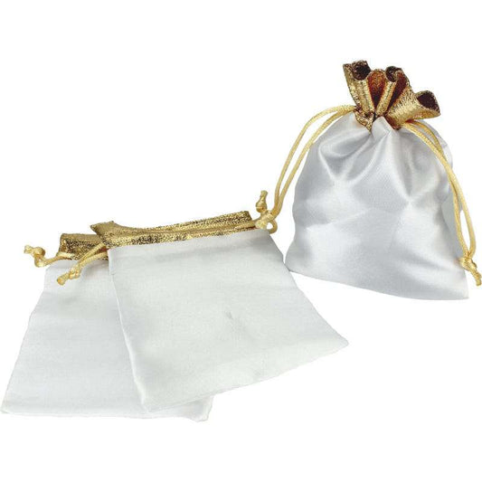 White Satin with Metallic Gold Trim Drawstring Bags 14cm (Pack of 3)