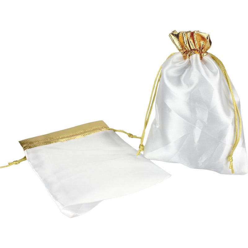 White Satin with Metallic Gold Trim Drawstring Bags 21cm (Pack of 2)