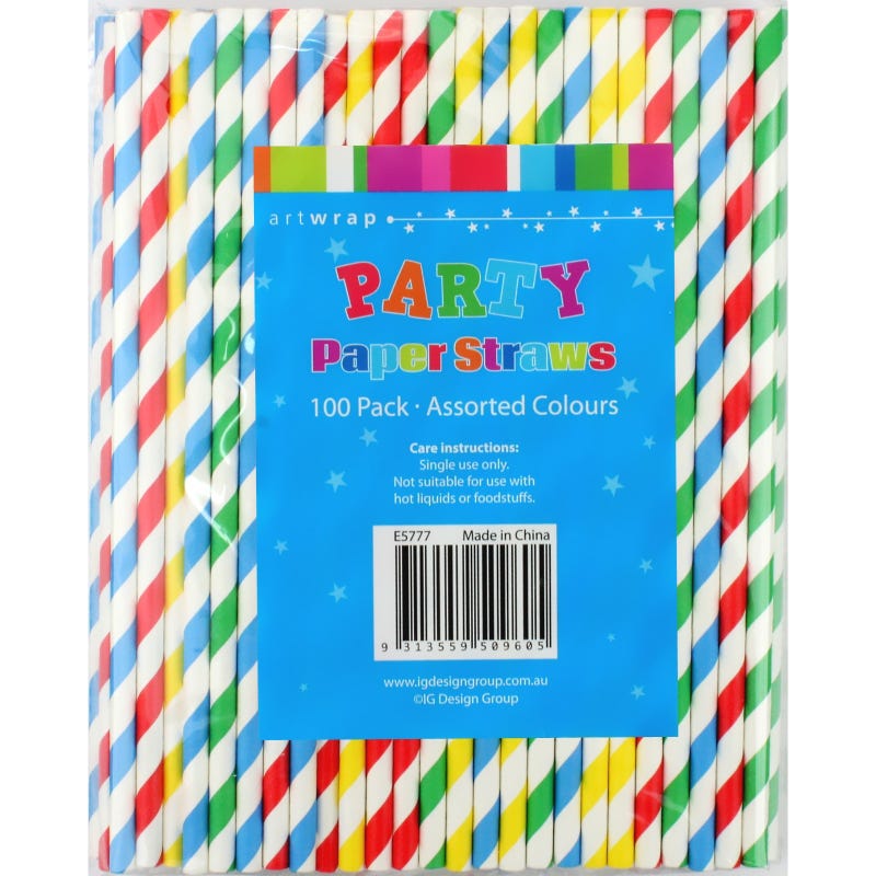 Assorted Coloured Striped Paper Straws (Bulk Pack of 100)