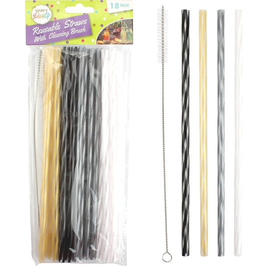 Monochrome & Metallic Reusable Plastic Straws & Brush (Pack of 18)