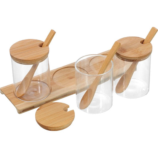 Boxsweden Glass Spice Jars with Bamboo Storage Tray & Spoons (Set of 3)