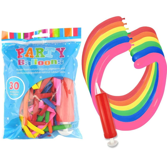 Coloured Modelling Balloons with Pump (Pack of 30)