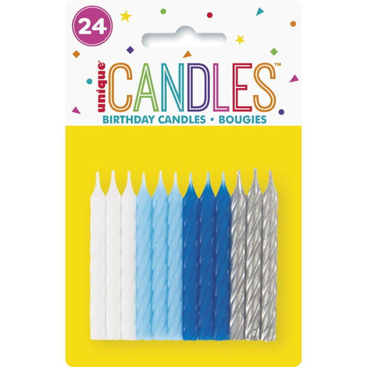 Blue White and Silver Assorted Spiral Candles (Pack of 24)