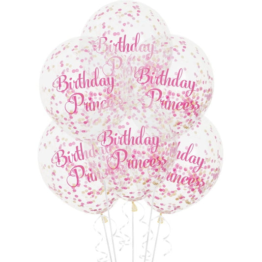 Birthday Princess Pre-filled Pink and Gold Confetti Balloons (Pack of 6)