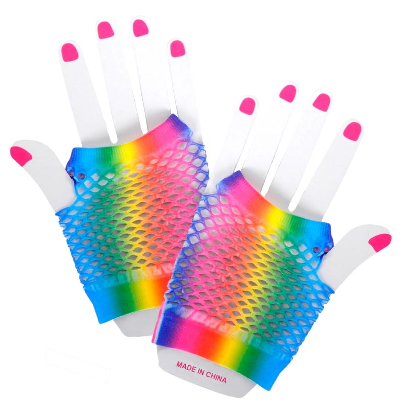 Rainbow Stripe Short Fingerless Fishnet Gloves