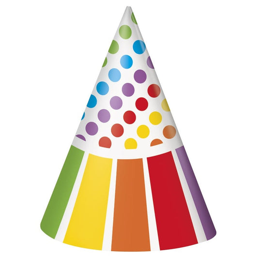 Rainbow Birthday Dots and Stripes Party Hats (Pack of 8)