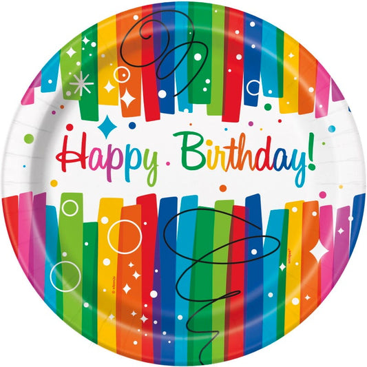 Rainbow Ribbons Happy Birthday Large Paper Plates (Pack of 8)