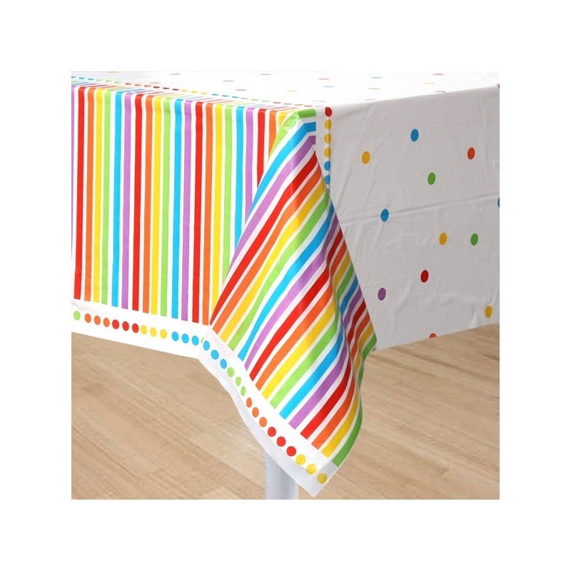 Rainbow Birthday Dots and Stripes Plastic Tablecloth