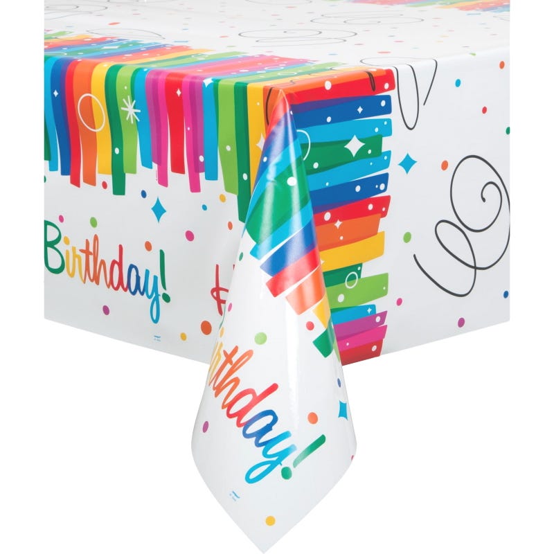 Rainbow Ribbons Happy Birthday Plastic Tablecloth