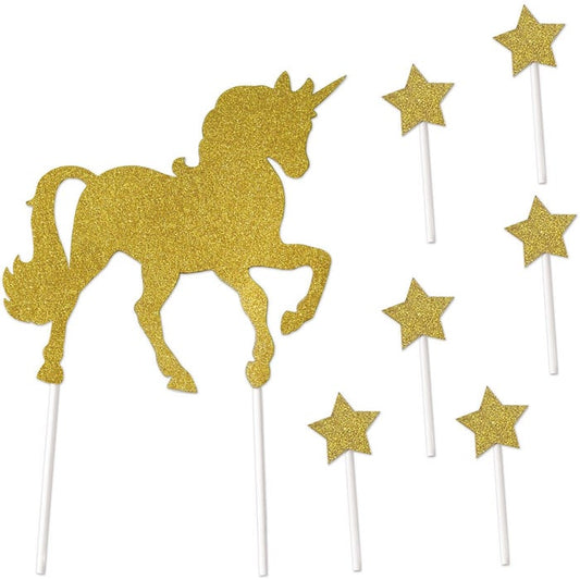 Gold Glitter Unicorn and Stars Cake Topper