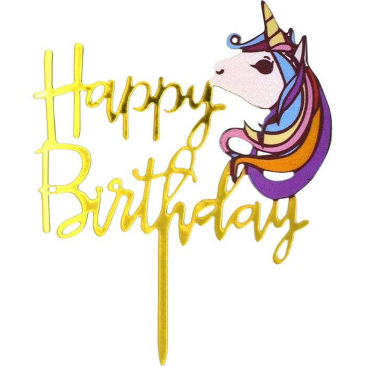 Unicorn Happy Birthday Gold Mirror Cake Topper