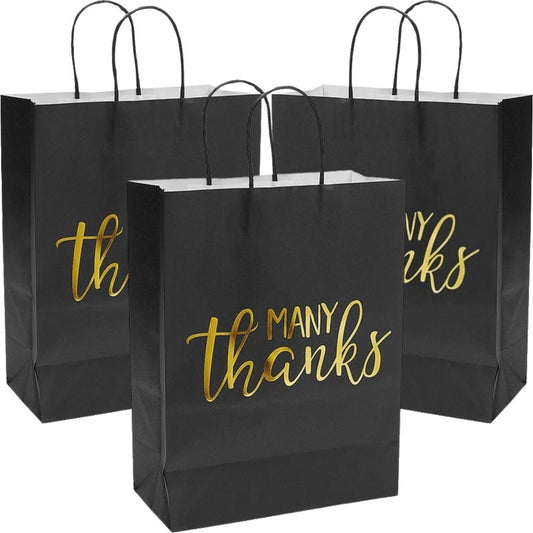 Black & Gold Many Thanks Gift Bags 33cm (Pack of 12)