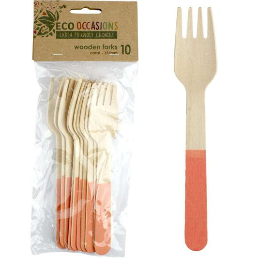 Wooden Dipped Forks Coral (Pack of 10)