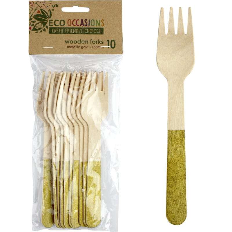 Wooden Dipped Forks Gold (Pack of 10)