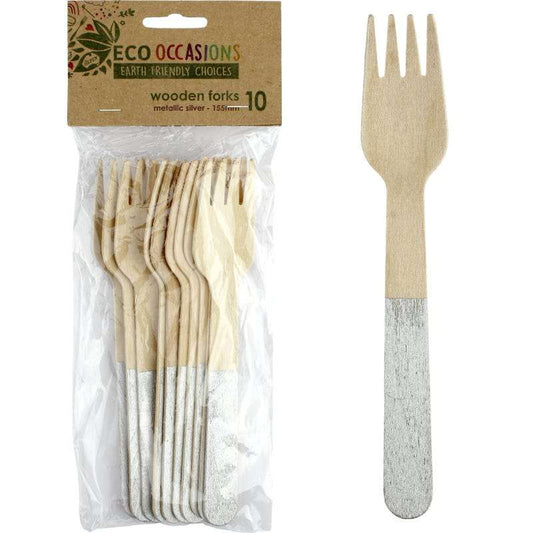 Wooden Dipped Forks Silver (Pack of 10)